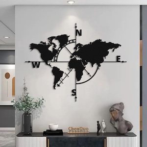 Décoration murale en métal, boussole, carte du monde - Décoration murale moderne inspirée des voyages, sculpture murale géométrique directionnelle pour le bureau ou le salon