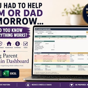 May include: A digital Life Admin Dashboard displayed on a laptop screen, featuring sections for bills, documents, insurance, household, expenses, and tasks. The interface includes text such as Aging Parent Life Admin Dashboard, Google Sheets, and Excel.