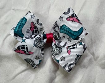 Cowgirl Boots & Disco Ball Hair Bow, 4 inch Alligator Clip