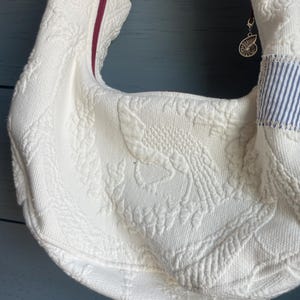 Cream Crescent Bag, Lined Handmade Upcycled Crossbody Bag | Floral, Seersucker Patchwork Patches