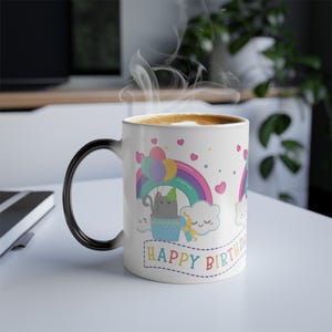 Happy Birthday Color Morphing Mug, Cute Animal Party Mug, Gift for Cat Lovers, Rainbow Design, Fun Coffee Cup