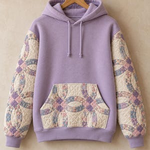 May include: A lavender hoodie featuring long sleeves and a front kangaroo pocket made from a cream-colored quilted fabric with a multi-colored floral double wedding ring pattern. The hood includes matching lavender drawstrings with knotted ends.