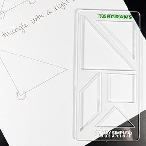 May include: A white sheet of paper with geometry questions and hand-drawn triangles, alongside a clear plastic tangram puzzle. The text reads "Geometry!" and asks to draw triangles with acute and right angles. The tangram is labeled "TANGRAMS".