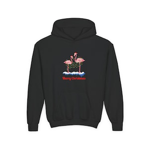 Merry Christmas Flamingo Hoodie, Youth Holiday Sweatshirt, Christmas Gift for Kids, Cute Winter Apparel, Seasonal Fashion, Fun Sweatshirt
