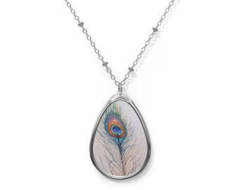 Bohemian Peacock Feather Necklace: Oval Zinc Alloy Pendant