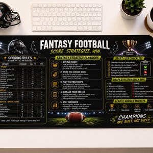 May include: A black rectangular desk mat featuring a Fantasy Football guide with white and yellow text, including sections for scoring rules, a strategy playbook, and a start or sit checklist, with a football graphic at the bottom center.