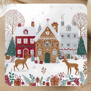 Christmas Village Coaster Set : 4-Piece Holiday Drink Coasters, Reindeer & Gingerbread House Design