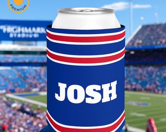 Customized Buffalo Football Jersey Can Cooler Sleeve - Personalized Drink Holder for Tailgate, BBQ and Gameday Gift