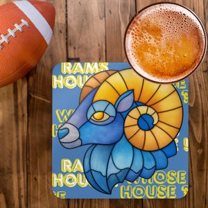 LA Rams Coaster Set : 4-Piece Corkwood Drink Coasters, Whose House Rams House Design, Rustic NFL Fan Home Décor