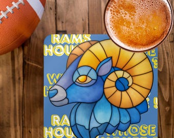 LA Rams Coaster Set : 4-Piece Corkwood Drink Coasters, Whose House Rams House Design, Rustic NFL Fan Home Décor