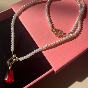 Handmade Dainty Freshwater Pearl Choker - Red Resin Pendant 14K Gold Plated | Gift for Her image 12