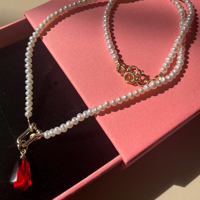 Handmade Dainty Freshwater Pearl Choker - Red Resin Pendant 14K Gold Plated | Gift for Her image 12