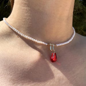 Handmade Dainty Freshwater Pearl Choker - Red Resin Pendant 14K Gold Plated | Gift for Her 14 Inches