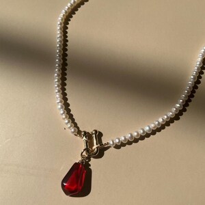 Handmade Dainty Freshwater Pearl Choker - Red Resin Pendant 14K Gold Plated | Gift for Her image 11