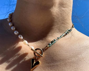 Handgemachte Boho Barock Perlenkette | 18K Gold Herz & Miyuki Perlen,Geschenk für Sie