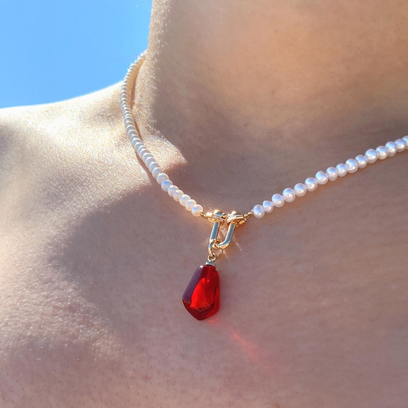 Handmade Dainty Freshwater Pearl Choker - Red Resin Pendant 14K Gold Plated | Gift for Her image 3