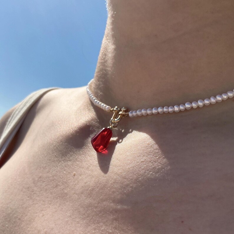 Handmade Dainty Freshwater Pearl Choker - Red Resin Pendant 14K Gold Plated | Gift for Her image 5
