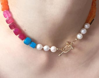 Regenbogen Stein Perle Choker: Verschluss aus 14K Gold, Original Design