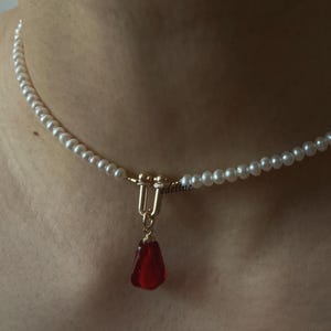 Handmade Dainty Freshwater Pearl Choker - Red Resin Pendant 14K Gold Plated | Gift for Her image 7