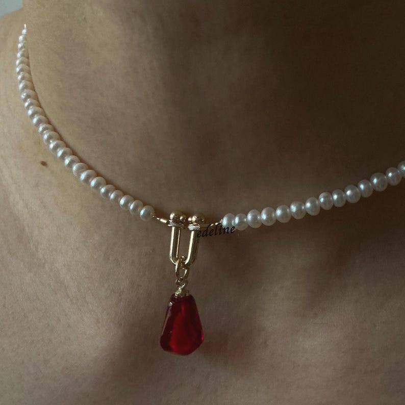 Handmade Dainty Freshwater Pearl Choker - Red Resin Pendant 14K Gold Plated | Gift for Her image 7