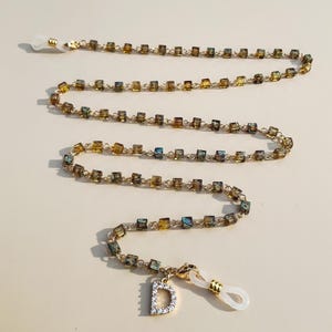 Vintage Beaded Glasses Chain,14K Gold Plated Initial Charm,glasses holder letter pendant necklace