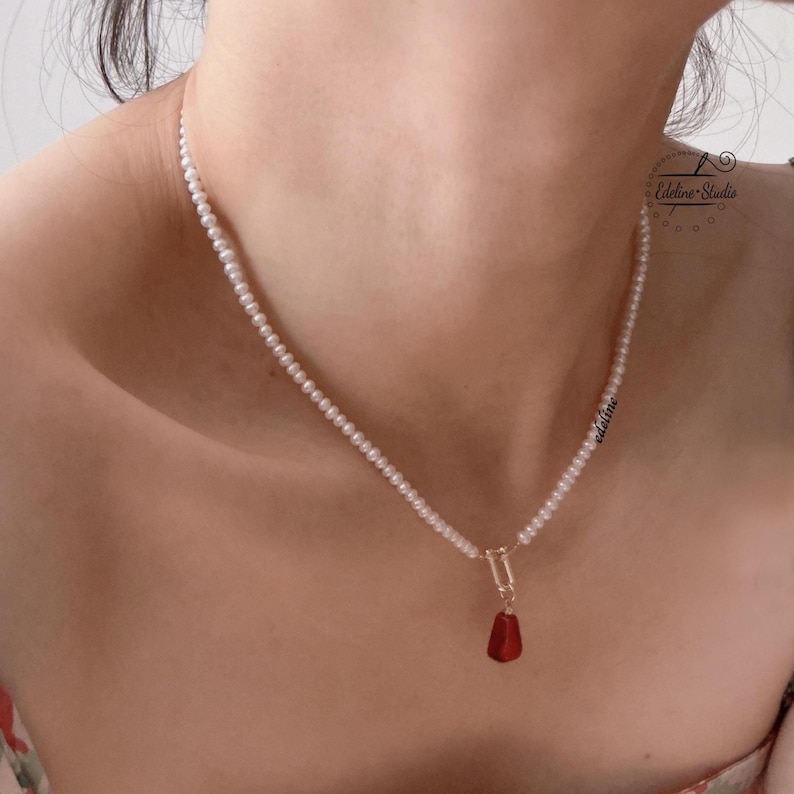 Handmade Dainty Freshwater Pearl Choker - Red Resin Pendant 14K Gold Plated | Gift for Her 18 Inches