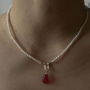 Handmade Dainty Freshwater Pearl Choker - Red Resin Pendant 14K Gold Plated | Gift for Her image 8