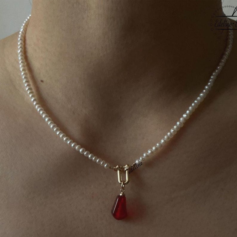 Handmade Dainty Freshwater Pearl Choker - Red Resin Pendant 14K Gold Plated | Gift for Her image 8
