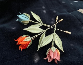 Mehrfarbige handgemachte Seide eingewickelte Tulpen-Brosche | Bräutigam Anstecknadel | Hochzeitsgeschenk