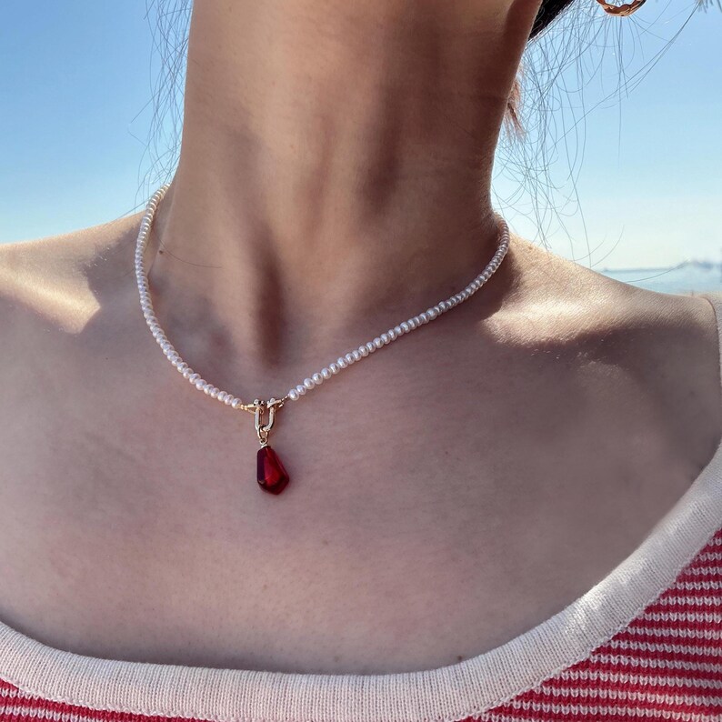 Handmade Dainty Freshwater Pearl Choker - Red Resin Pendant 14K Gold Plated | Gift for Her image 2