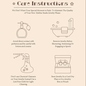 May include: A beige graphic with jewelry care instructions. The text reads "Care Instructions" and provides tips such as avoiding contact with perfumes, removing jewelry before showering, and storing in a cool, dry place. The image includes illustrations of a perfume bottle, a bathtub, a spray bottle, and a jewelry box.
