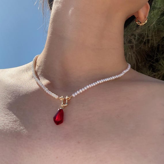 Handmade Dainty Freshwater Pearl Choker - Red Resin Pendant 14K Gold Plated | Gift for Her