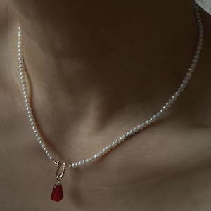 Handmade Dainty Freshwater Pearl Choker - Red Resin Pendant 14K Gold Plated | Gift for Her image 9