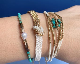 Boho Perlen Armband: Süßwasser Perle, Malachit & 14K vergoldet