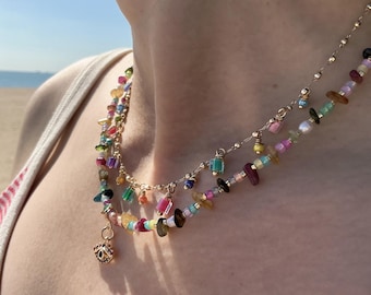 Süßwasserperle & Glasperlenkette: Bunte geschichtete Kette, Weihnachtsgeschenk für Sie / Kinder
