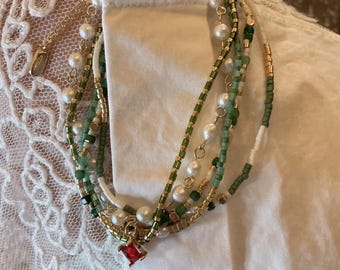 Boho Perlenarmband – Miyuki Perlen & Grüner Kristall, 14K Gold Fill