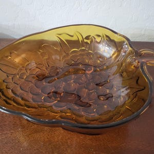 Vintage Amber Glass Grape Leaf Serving Dish