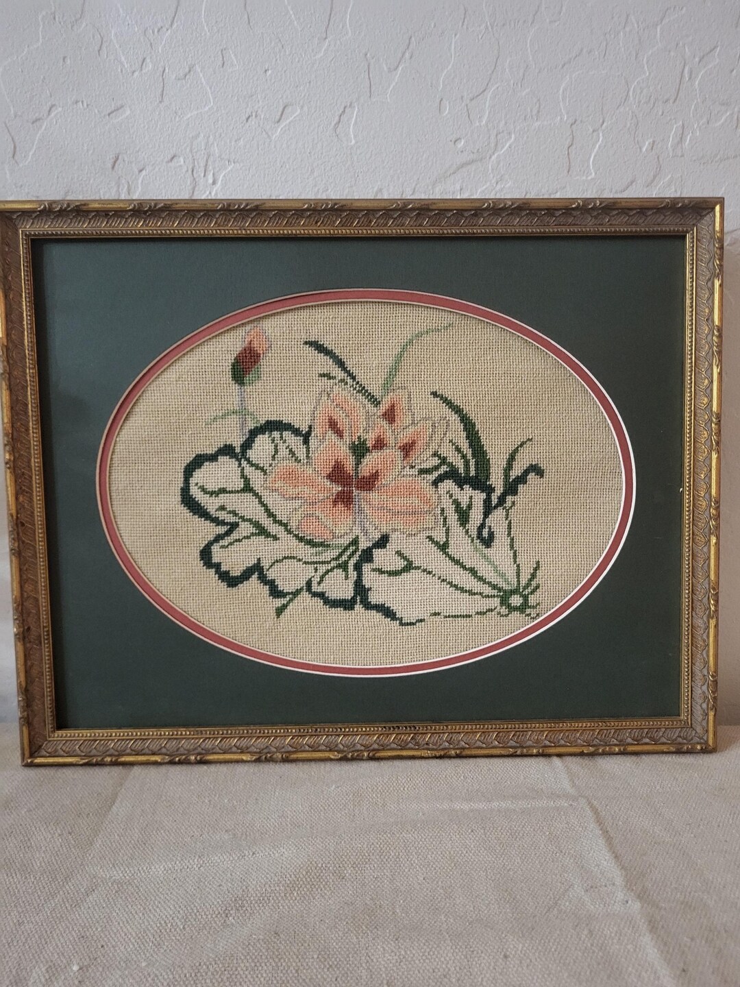 Vintage Framed Floral Needlepoint Art – Oval Mat With Gold Ornate Frame ...
