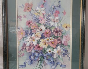 Framed Floral Embroidery Art with Blue Ribbon