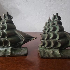 Vintage Cast Iron Tall Ship Bookends with Green Patina – Nautical Decor