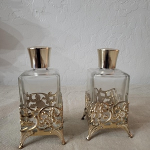 Pair of Vintage Glass Perfume Bottles with Ornate Filigree Holders