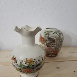 Pair of Vintage Japanese Porcelain Vases- Shibata Japan with Floral and Peacock Motifs