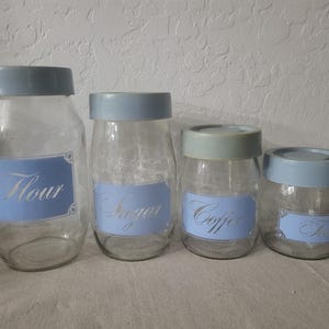 Vintage Blue-Labeled Glass Kitchen Canister Set – Flour, Sugar, Coffee, Tea