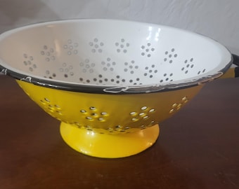 Vintage Yellow Enamelware Colander with Black Rim and Handles