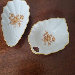 Pair of Limoges France Porcelain Dishes with Gold Floral Design