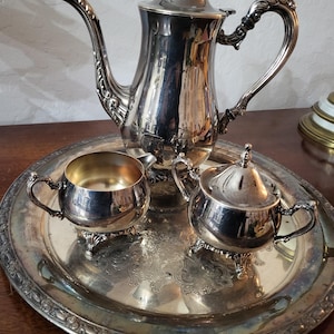 Vintage Silver-Plated Coffee Set with same brand Tray - Coffee Pot, Creamer, and Sugar Bowl
