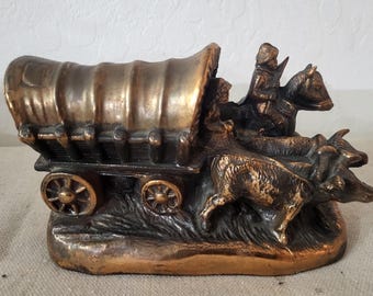 Vintage Covered Wagon and Oxen Bronze-Tone Bookend.