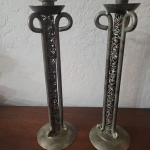 Pair of Vintage Tall Metal Candlestick Holders with Filigree Design