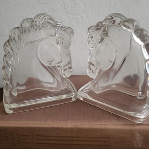 Vintage Clear Glass Horse Head Bookends – Heavy Pressed Glass Equine Decor Pair