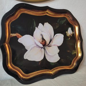 Vintage Scalloped Metal Tray with Magnolia Floral Design